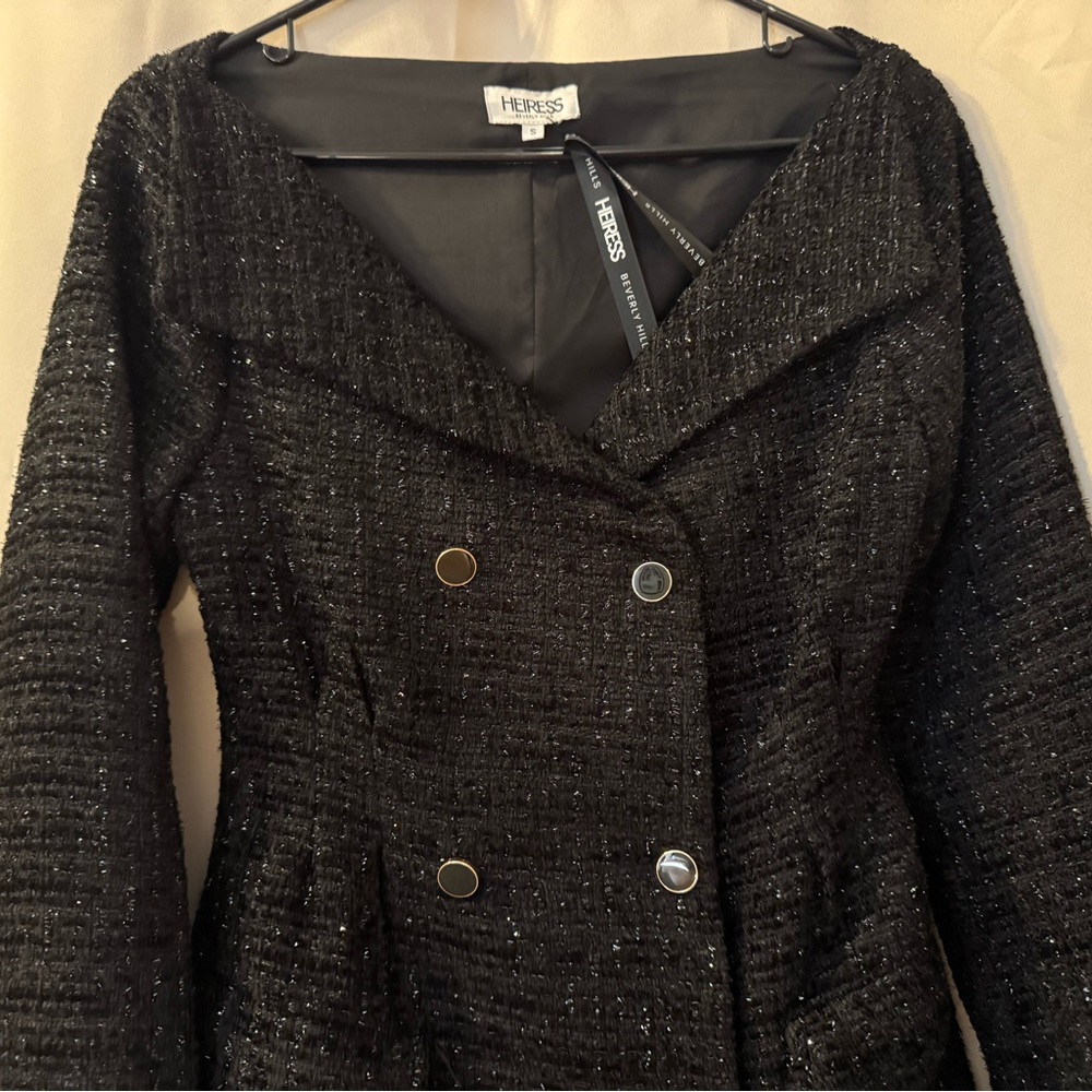 Heiress Beverly Hills Black Tweed Off The Shoulder Button Up Dress NWT size S